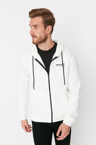 Trendyol Collection Fehér kapucnis szlogen polár pulóver - TMNAW23SW00227