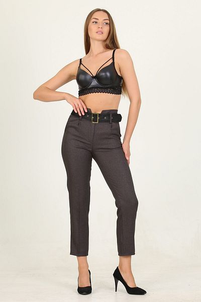 Neşeli Butik Women's Brown Belted High Waist Carrot Trousers Qns033