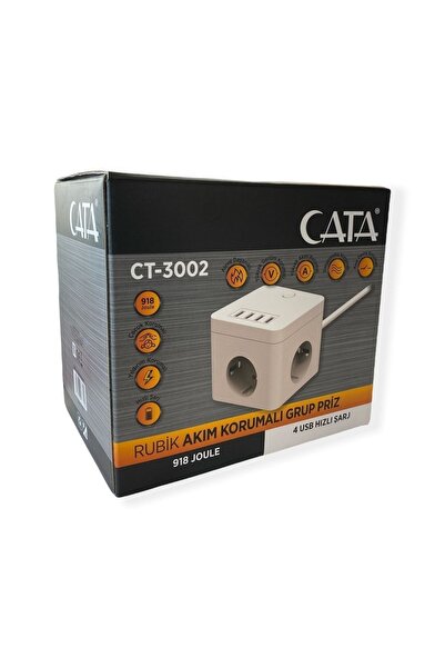 Cata CT-3002 Akım Korumalı Rubik 3' Lü Grup Priz 4 Usb'li 1,5 Mt Kablolu