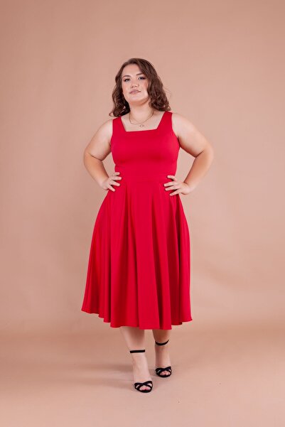 Bidoluelbise Women's Plus Size Square Collar Midi Length Dress