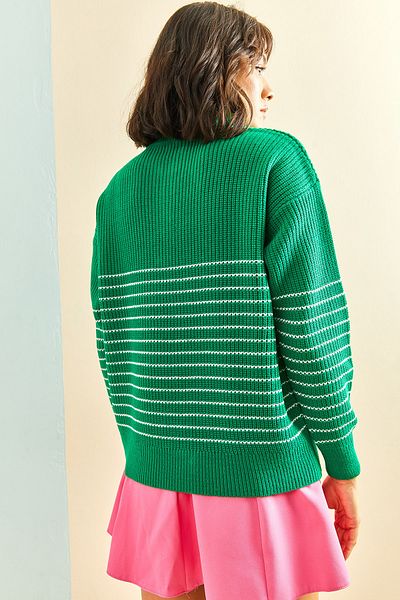 Bianco Lucci Women's Turtleneck Zippered Striped Knitwear Sweater