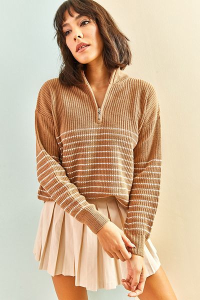Bianco Lucci Gestreifter Strickpullover mit Rollkragen und Reißverschluss für Damen