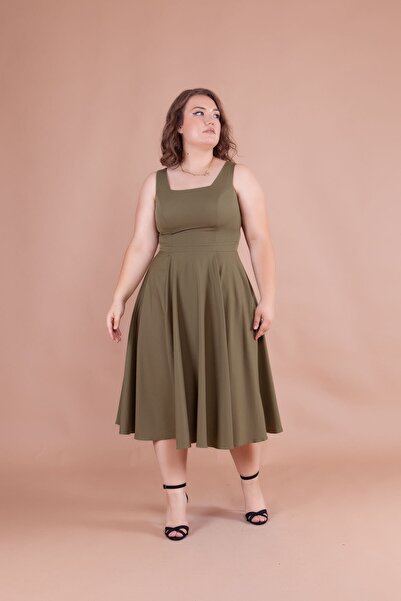 Bidoluelbise Women's Plus Size Square Collar Midi Length Dress