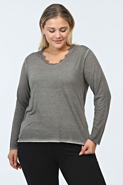 Seamoda Women's Lace Collar Oil Washed T-Shirt-Light Anthracite PRA-236825-349428