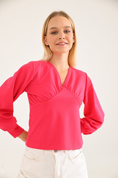 VOLT CLOTHİNG Kadın V Yaka Geniş Kol Bluz