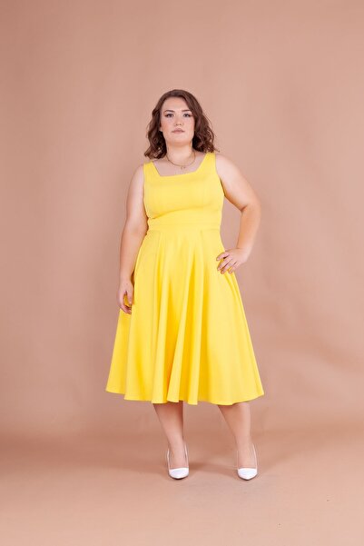 Bidoluelbise Women's Plus Size Square Collar Midi Length Dress