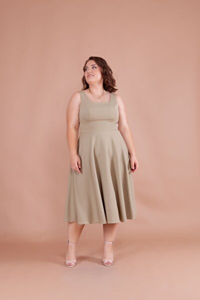 Bidoluelbise Women's Plus Size Square Collar Midi Length Dress