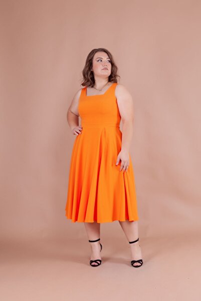 Bidoluelbise Women's Plus Size Square Collar Midi Length Dress