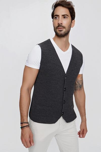 CHUBA Erkek Süs Cepli Regular Fit Triko Yelek Antrasit 23w218