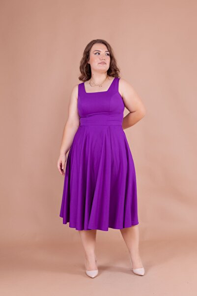 Bidoluelbise Kadın Büyük Beden Kare Yaka Midi Boy Elbise