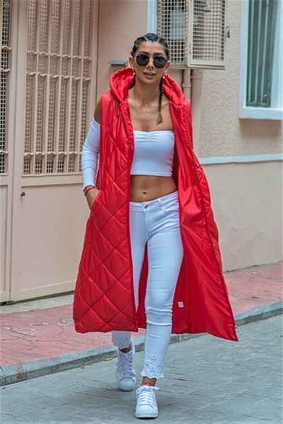 Keyifli Moda Women's Red Hooded Pocketed Diamond Pattern Long Puffer Vest