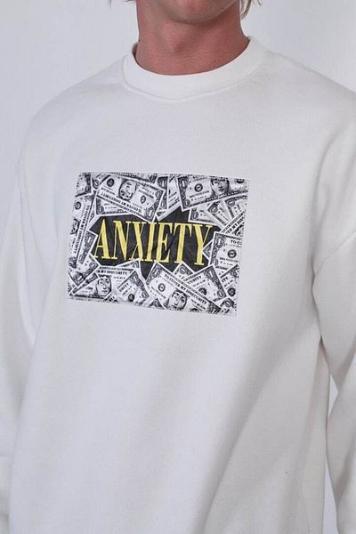 Saw Urbanity Ecru White Anxiety Printed and Appliqued Raised 3 Thread Oversize Sweatshirt