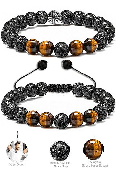 Tesbih Atölyesi Lava Stone Tiger Eye and Bracelet Set - Certified Natural Stone