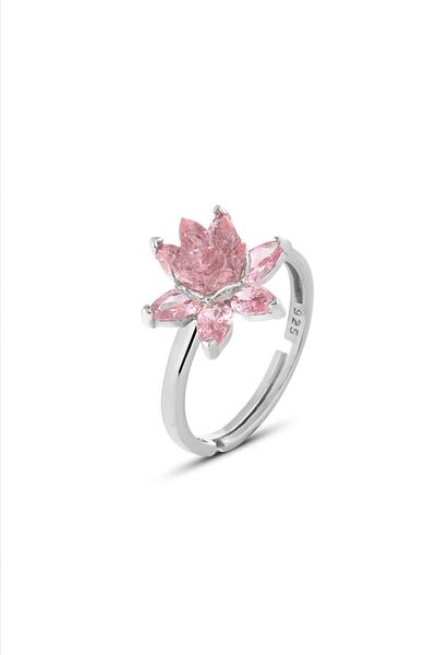Zanaatsilver 925 Ayar Gümüş Pembe Taşlı Lotus Nilüfer Çiçeği Ayarlanabilir Yüzük