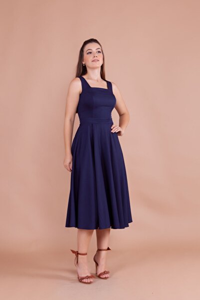 Bidoluelbise Kadın Kare Yaka Midi Boy Elbise