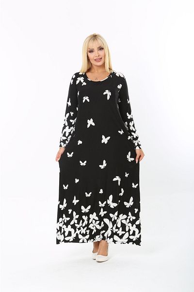 Mami Plus Size Long Sleeve Black Hijab Suitable Viscose Combed Cotton Double Pocket Long Dress
