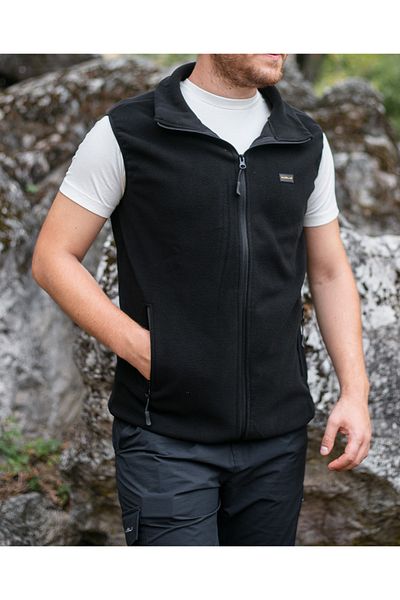 Huğlu Black Two-Pocket Zippered Fleece Vest