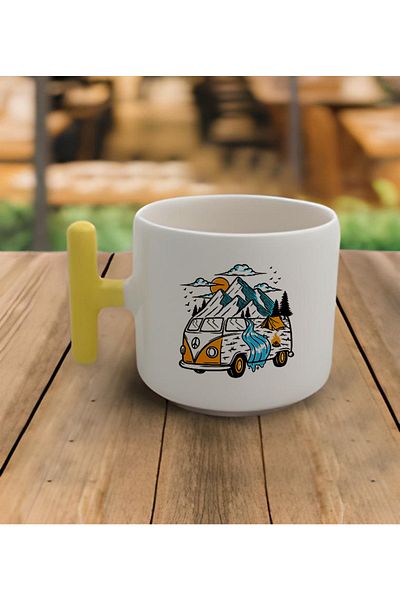 GünayStore Latte & Espresso Handmade Caravan T Yellow Handle Mug 200 Ml