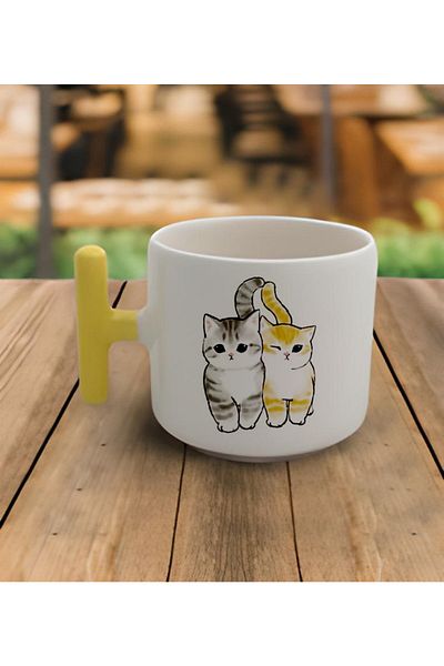 GünayStore Latte & Espresso Handmade Friend Kitten T Yellow Handle Mug 200 Ml