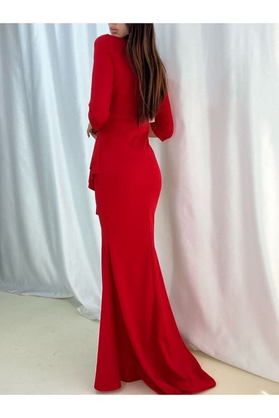 Secret Passion Lingerie Flexible Crepe Fabric V-Neck Flounce Detail at Waist Red Long Evening Dress with Slit 58570 634