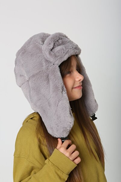 FELLMENS Girl's Gray Plush Furry Beret - Hat with Headphones and Snaps