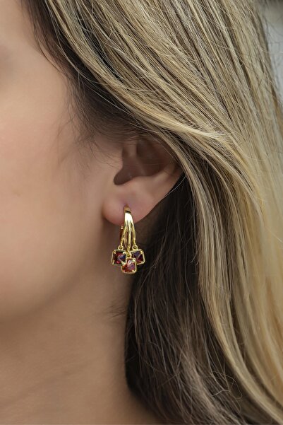 Nereze 925 Ayar Gümüş Gold 3 Taşlı Kırmızı Taşlı Halka Küpe