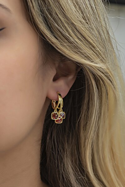 Nereze 925 Ayar Gümüş Gold 3 Taşlı Kırmızı Taşlı Halka Küpe