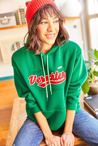 Olalook Kadın Çimen Yeşili Kapüşonlu Aplikeli Nakışlı İçi Polarlı Kalın Sweatshirt SWT-19000581