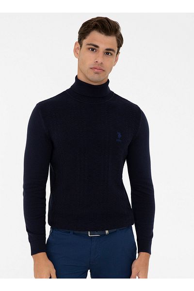 U.S. Polo Assn. Pulover pentru bărbați, uni bleumarin, cu gât roscat