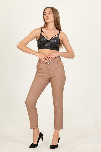 Neşeli Butik Women's Camel Belted High Waist Carrot Trousers Qns033