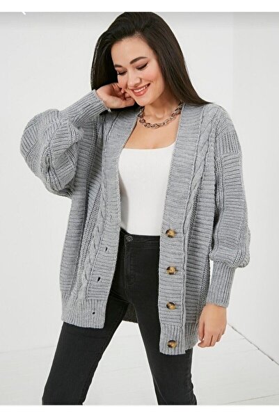 winter club Winter Clup Women's Gray Knitted Patterned Loose Cardigan