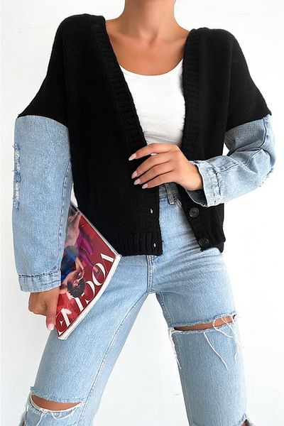 FEMELLE Cardigan de damă, cu mânecă detaliată cu nasturi, tricotaj din denim
