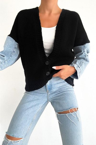 FEMELLE Cardigan de damă, cu mânecă detaliată cu nasturi, tricotaj din denim