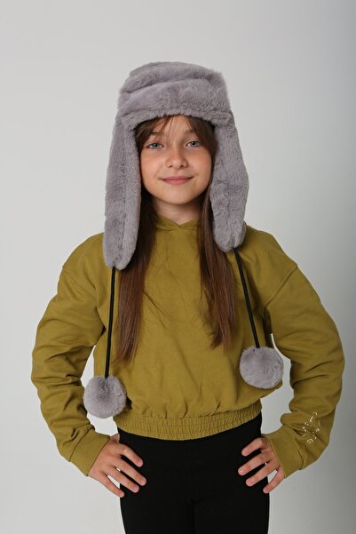 FELLMENS Girl's Gray Plush Beret Hat - Fur and Pompom