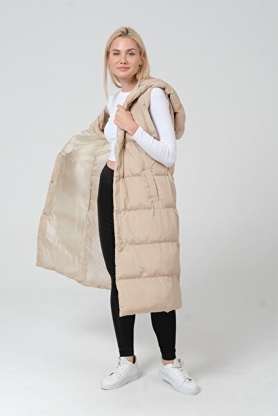 diaves Жіночий екрю капюшон підкладка з наповнювачем з поліестеру довгий пуховик