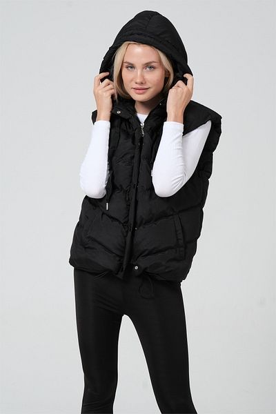 diaves Women's Black Hooded Lining Fiber Filled Short Inflatable Vest