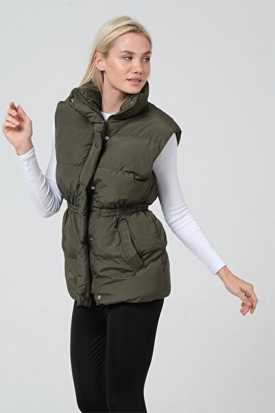 diaves Дамски пуф жилет в цвят каки с връзки на талията и подплата от фибри