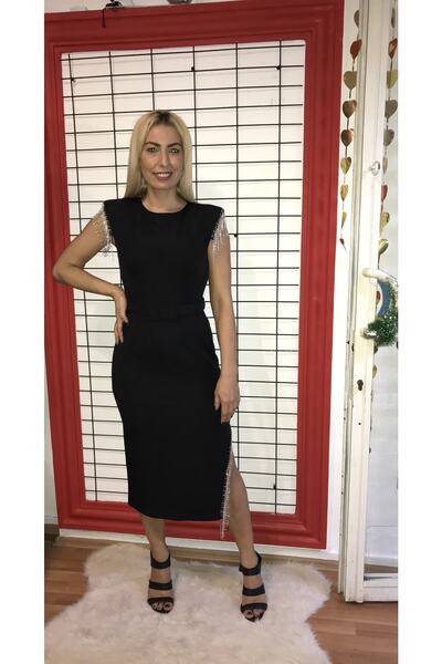 HaiModa Kadın Elbise Siyah Omuz Ve Etek Taşlı Yırtmaçlı