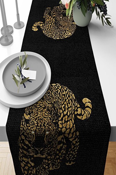 RugViva Leopar Runner Premium Tay Tüyü Dokuma Leke Tutmaz Kumaş Masa 40x140cm Rnr355