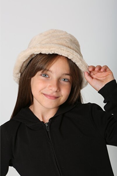 BALIENTE Beige Soft Textured Plush Bucket Hat for Girls