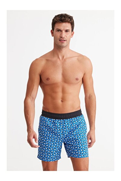 Kom Mırıhı Geometrik Desen Erkek Deniz Kumaş Şort