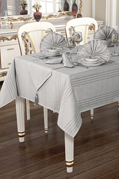 Laura Casa 160*220 Lüks Delikli Şantuk Kumaş Masa Örtüsü Seti 8 Kişilik 8 Ade...