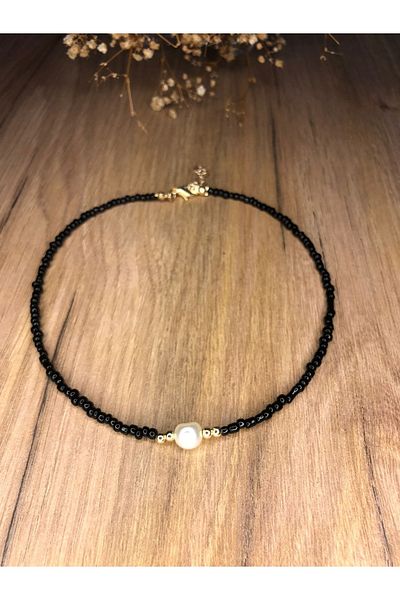 Stoneday Pearl Detailed Special Design Black Color Pearl Sand Bead Necklace