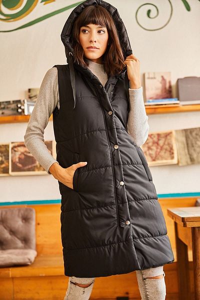 Olalook Schwarze Pufferweste mit Kapuze und Taschen für Damen YLK-19000007