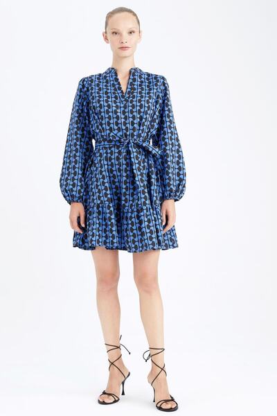 DeFacto V Yaka Retro Desenli Mini Poplin Uzun Kollu Elbise
