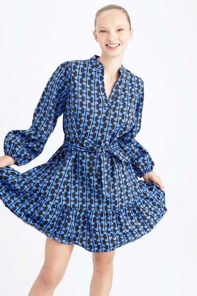 DeFacto V Yaka Retro Desenli Mini Poplin Uzun Kollu Elbise