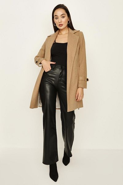Select Moda Women's Brown Belted Lined Cashmere Coat