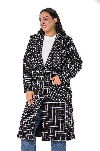 DISENTIS MODEST Plus Size Black Lilac Coat - Shawl Collar, Button, Bag Pocket and Lining
