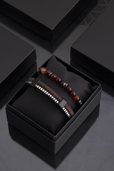 Sortie Aksesuar Hakiki Deri Ve Doğal Taş Erkek Kombin Bileklik Seti 027