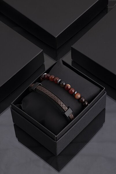 Sortie Aksesuar Hakiki Deri Ve Doğal Taş Erkek Kombin Bileklik Seti 002